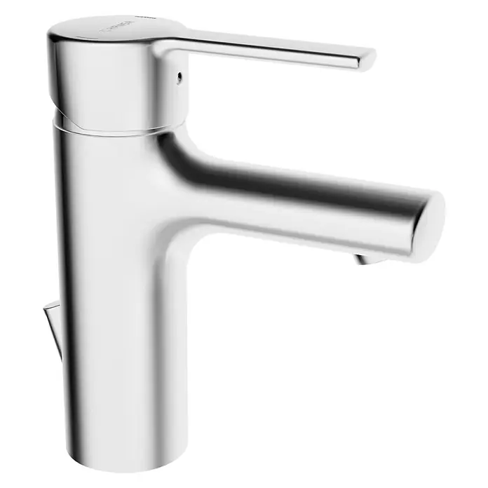 Hansa Ronda Waschtischarmatur - Niederdruck, Mit Zugstange, Chrom, Glänzend - Nahaufnahme einer modernen, glänzenden Armatur. Das minimalistische Design und die hochwertige Verarbeitung sind gut erkennbar.