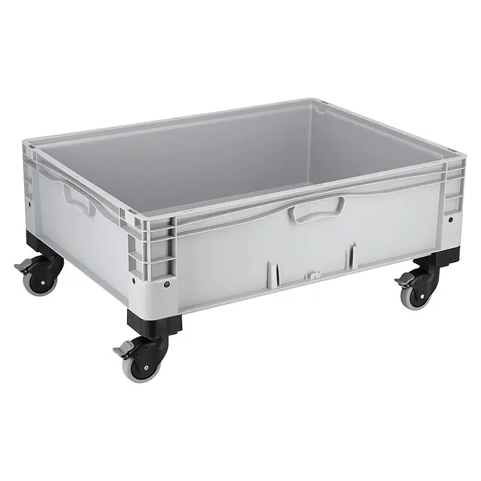 Surplus Systems Rollen-Set - Passend für: Surplus Systems Euronormboxen, Stecken, 2 Stk., Mit Feststellbremse - Abgebildete ist eine graue Lagerbox mit Rädern. Die Rollbox ist aus Kunststoff und besitzt Griffe an den Seiten zum einfachen Transport.