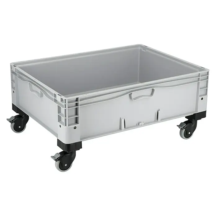 Surplus Systems Rollen-Set - Passend für: Surplus Systems Euronormboxen, Stecken, 2 Stk., Mit Feststellbremse - Abgebildete ist eine graue Lagerbox mit Rädern. Die Rollbox ist aus Kunststoff und besitzt Griffe an den Seiten zum einfachen Transport.