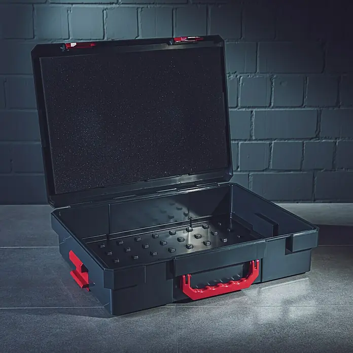 Wisent b-boXx Einlegeboden - Passend für: Wisent b-boXx - Offener, schwarzer Werkzeugkasten mit roten Griffen und Schaumstoffeinlage, ideal zur Aufbewahrung und zum Transport von Werkzeugen und Zubehör.