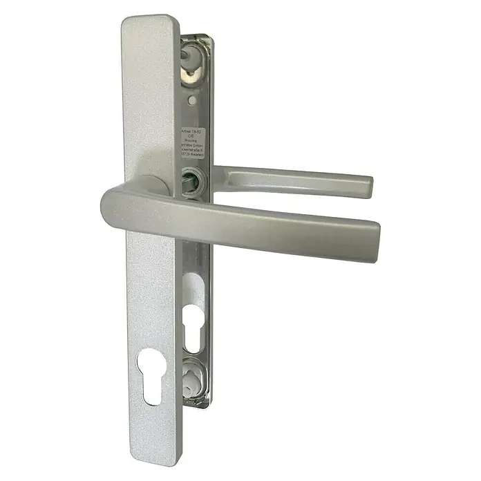 BAUHAUS Drückergarnitur - Passend für: Kunststoffnebeneingangstüren, Stärke Tür: 57 mm - 62 mm, Drücker mit Langschild, Silber - Silberner Türgriff mit Schlossplatte und zwei Griffen. Der Türgriff ist in einem modernen Design gehalten und aus hochwertigen Materialien gefertigt.