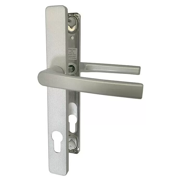 BAUHAUS DrückergarniturPassend für: Kunststoffnebeneingangstüren, Stärke Tür: 57 mm - 62 mm, Drücker mit Langschild, Silber Front View