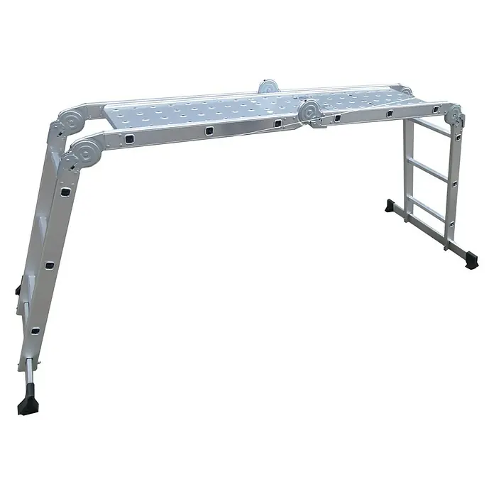 Mehrzweckleiter mit Plattform - Anzahl Tritte: 12 Stk., Arbeitshöhe: 4,3 m, Belastbarkeit: 150 kg, Aluminium - Die vielseitige Mehrzweckleiter mit Arbeitsbühne bietet Flexibilität für verschiedene Aufgaben. Robuste Konstruktion für sicheren Stand.