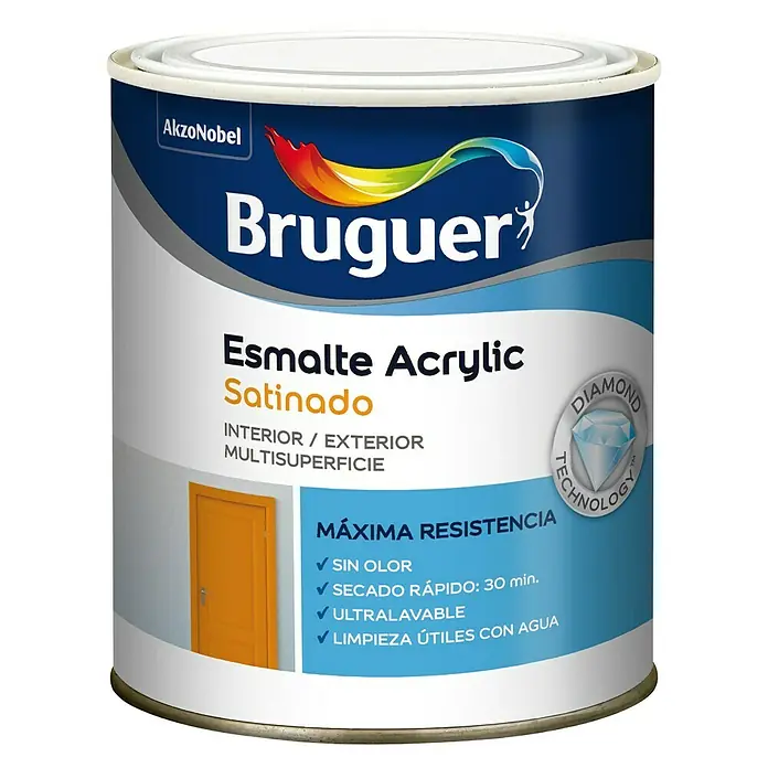 Bruguer Esmalte de color Acrylic multisuperficie - Azul cantábrico, Satinado, 250 ml, Base de agua - Una lata de esmalte acrílico satinado Bruguer, una pintura de alta calidad para interiores y exteriores con tecnología Diamond para una alta resistencia.