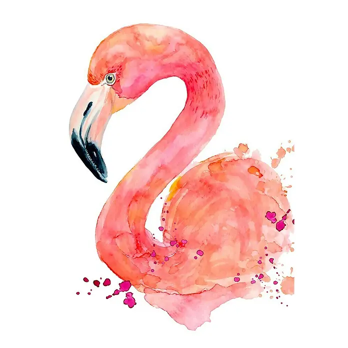 Póster Flamenco - Animales, An x Al: 100 x 140 cm - Ilustración en acuarela de un flamenco con vibrantes tonos rosados y salpicaduras de pintura, que añaden un atractivo lúdico y artístico.
