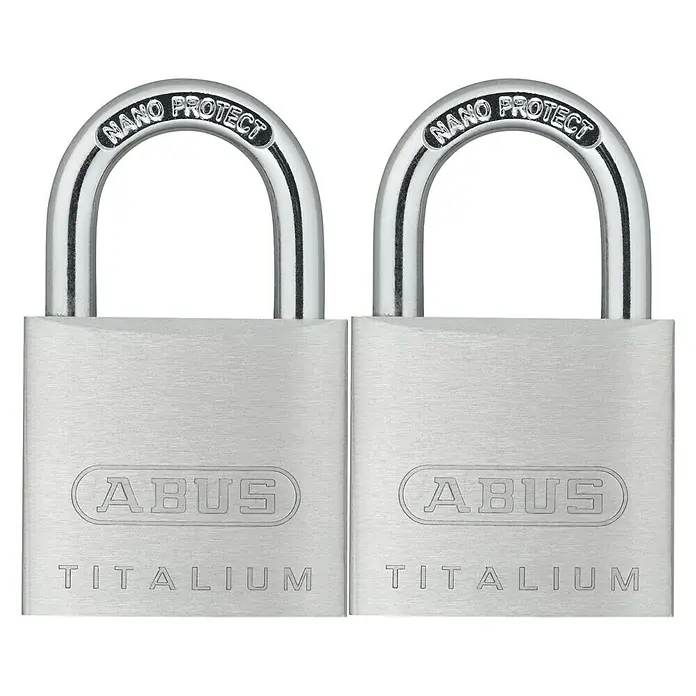 Abus Vorhängeschloss-Set Titalium 64TI - B x H: 30 x 49,5 mm, 2 Stk., Titalium-Spezialaluminium - Zwei ABUS TITALIUM Vorhängeschlösser mit NANO PROTECT Bügel für erhöhten Schutz und Sicherheit.