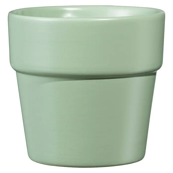 Soendgen Keramik Übertopf rund Lima - Außenmaß (Ø x H): 7 x 7 cm, Lindgrün, Keramik, Matt - Nahaufnahme eines hellgrünen Keramik-Blumentopfs mit schlichtem, zylindrischem Design und einer markanten horizontalen Rille in der Mitte.