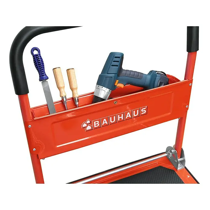 BAUHAUS Carro de plataforma - Ajuste de altura: 83 cm - 100 cm, Acero, 150 kg, Abatible - Carro de herramientas con taladro, lima y cinceles. Almacenamiento práctico para herramientas en la obra o en el taller.