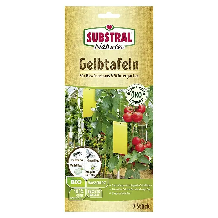 Substral Naturen Gelbtafeln - 7 Stk. - Gelbtafeln von Substral Naturen zur Schädlingsbekämpfung in Gewächshäusern und Wintergärten. Die Tafeln sind insektizidfrei und für den Ökolandbau geeignet.