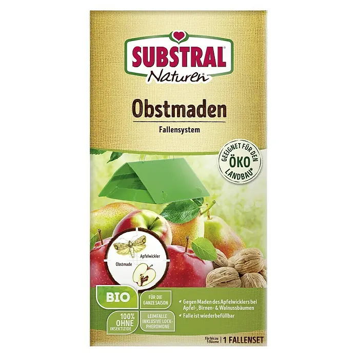 Substral Naturen Obstmaden-Falle1 Stk. - Verpackung von Substral Naturen Obstmaden-Fallen: Schädlingsbekämpfung für Apfel-, Birnen- und Walnussbäume im ökologischen Landbau.