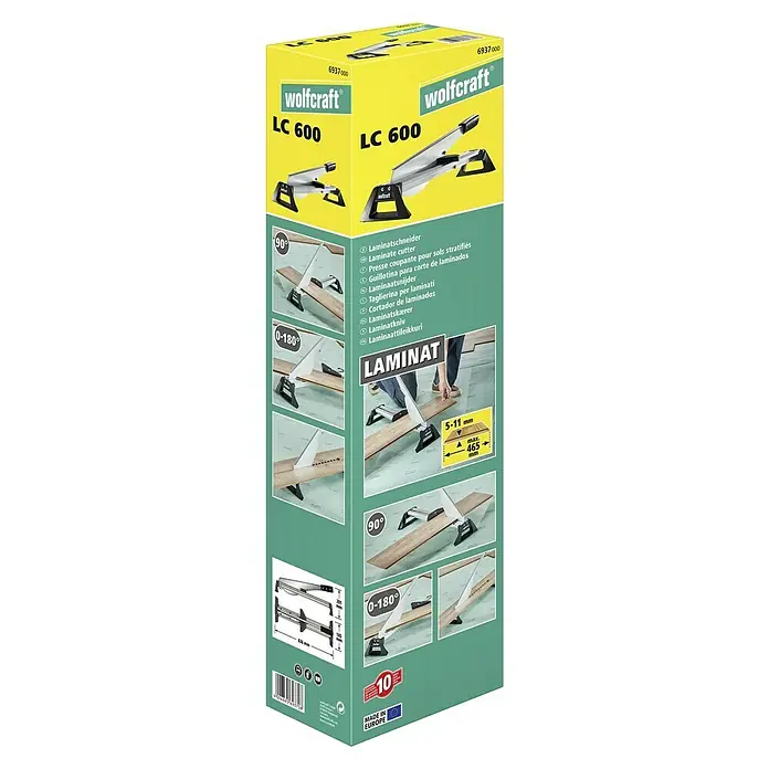 Wolfcraft Laminatschneider LC 600 - Geeignet für: Laminat, Schnittbreite: 465 mm, Material: Aluminium - Verpackung des Wolfcraft LC 600 Laminatschneiders, ideal zum Zuschneiden von Laminat mit präzisen Schnitten und Winkeln.