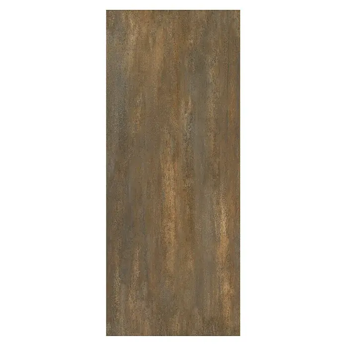 SanDesign Alu-Verbundplatte - 100 x 250 cm, Rost - Eine Nahaufnahme einer rustikalen, braunen Wandfliese mit einer unebenen Textur. Die Fliese bietet eine natürliche und warme Ästhetik.