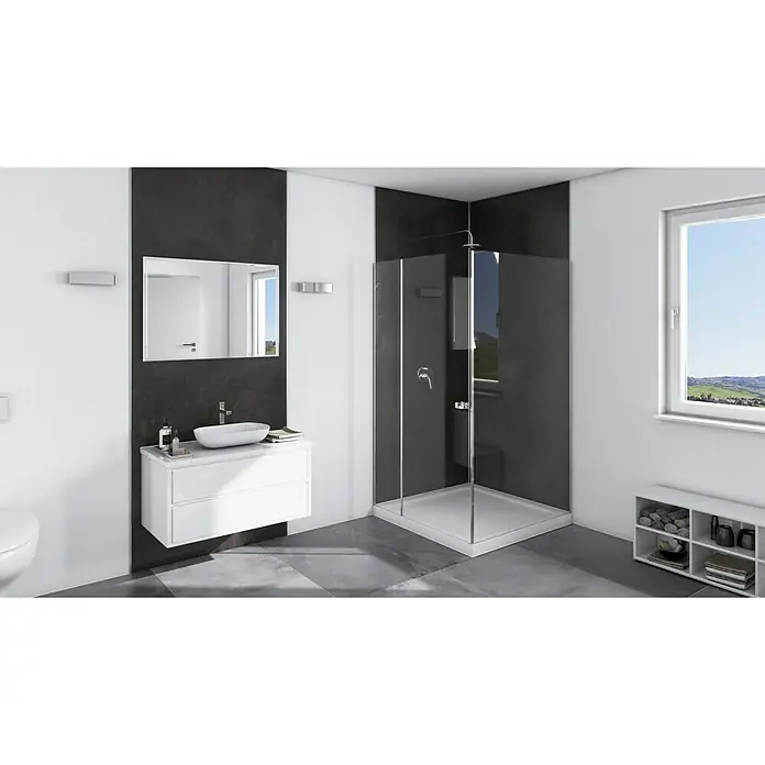 SanDesign Alu-Verbundplatte - 100 x 250 cm, Schiefer - Modernes Badezimmer mit stilvoller Duschkabine und Waschtisch. Das dunkle Design der Dusche setzt einen eleganten Akzent.