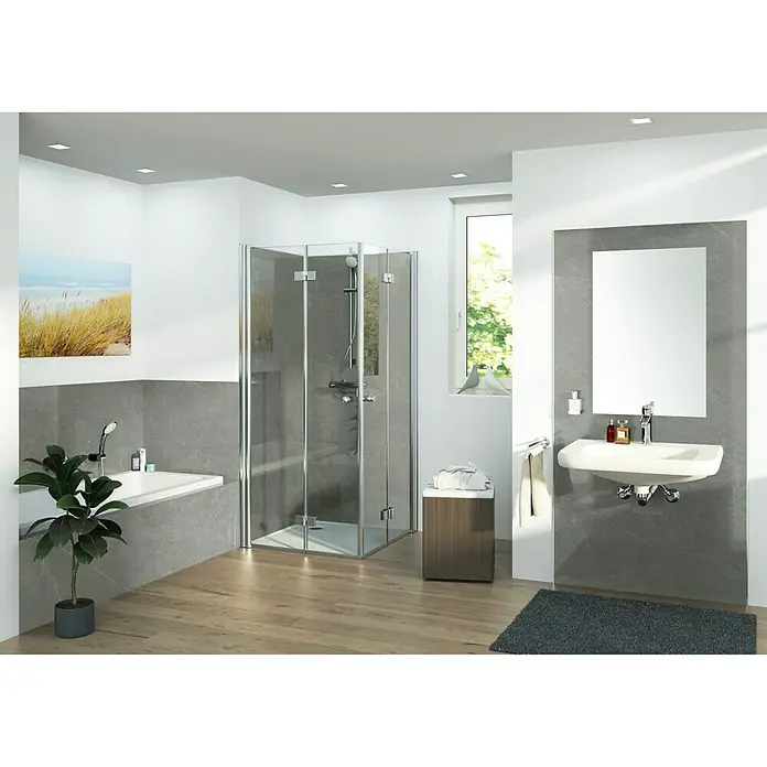 SanDesign Acryl-Verbundplatte - 100 x 250 cm, Grau Marble - Ein helles Badezimmer mit einer begehbaren Dusche, Waschbecken und einem großen Spiegel an einer grauen Akzentwand für ein stilvolles Design.