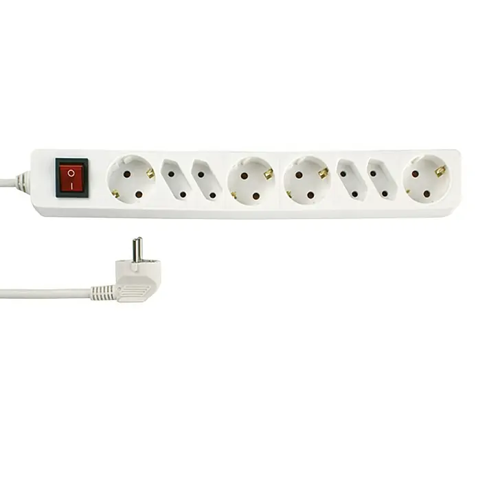 REV Base de enchufe múltiple - x 8, Blanco, Longitud del cable: 1,4 m, Con interruptor - Regleta de enchufes con seis tomas y un interruptor, ideal para uso doméstico o de oficina para conectar varios dispositivos simultáneamente.