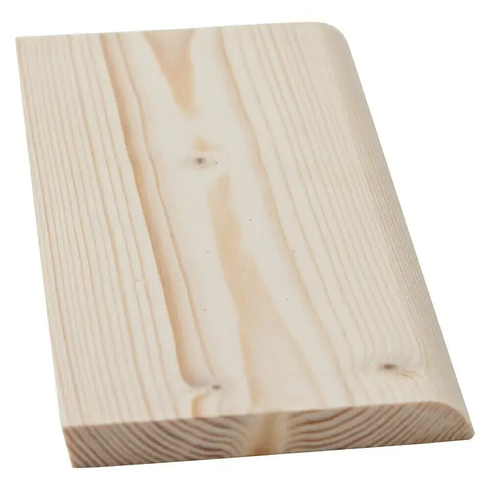Rodapié barnizado - 240 cm x 10 mm x 70 mm, Madera de abeto - Primer plano de un trozo de madera clara, sin tratar, con bordes redondeados, que muestra la veta natural de la madera.