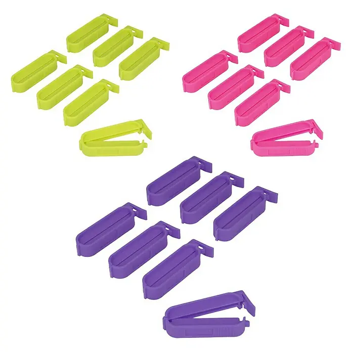 Metaltex Clips - 7 Stk., L x B x H: 6 x 1,2 x 1,2 cm - Nahaufnahme von Lebensmittelklammern in Grün, Pink und Lila. Ideal für das Frischhalten von Lebensmitteln in der Küche.