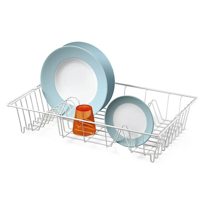 Metaltex Geschirrkorb Germatex - L x B x H: 48 x 30 x 10 cm, Kunststoff - Abtropfgestell aus Metall mit Geschirr und einem orangefarbenen Becher. Das Geschirr trocknet stilvoll im modernen Abtropfkorb.
