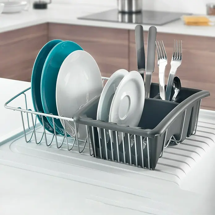Metaltex Geschirrkorb Aquatex - L x B x H: 35 x 32 x 12 cm, Kunststoff - Geschirrständer mit Tellern, Messern, Gabeln und Löffeln in einer modernen Küche. Praktische Küchenaufbewahrungslösung für den Alltag.