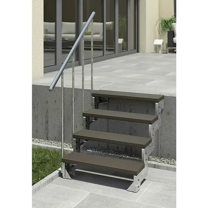 Dolle Außentreppe Gardentop - Trimaxstufen, Dunkelbraun, Feuerverzinkte Geländerstäbe, Breite: 80 cm, Anzahl Stufen: 4 Stk., Geschosshöhe: 72 cm - 88 cm - Aufnahme von Außentreppen mit Edelstahlgeländer und robusten Stufen, ideal für den Zugang zu Garten oder Terrasse.