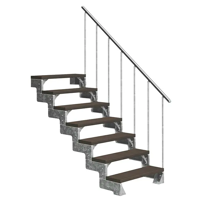 Dolle Außentreppe Gardentop - Trimaxstufen, Dunkelbraun, Feuerverzinkte Geländerstäbe, Breite: 80 cm, Anzahl Stufen: 7 Stk., Geschosshöhe: 126 cm - 154 cm - Diagonale Ansicht