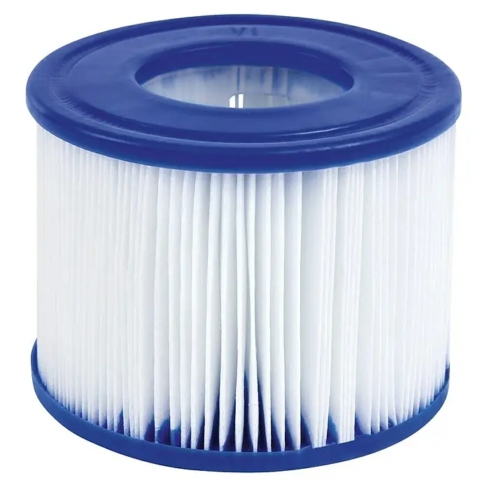 Bestway Lay-Z-Spa Mobil-Whirlpool Maldives HydroJet - L x B x H: 201 x 201 x 80 cm, Mahagoni, 1.050 l - Ein runder, weißer Poolfilter mit blauen Endkappen ist abgebildet. Er filtert Schmutz und Ablagerungen, um sauberes Wasser zu gewährleisten.
