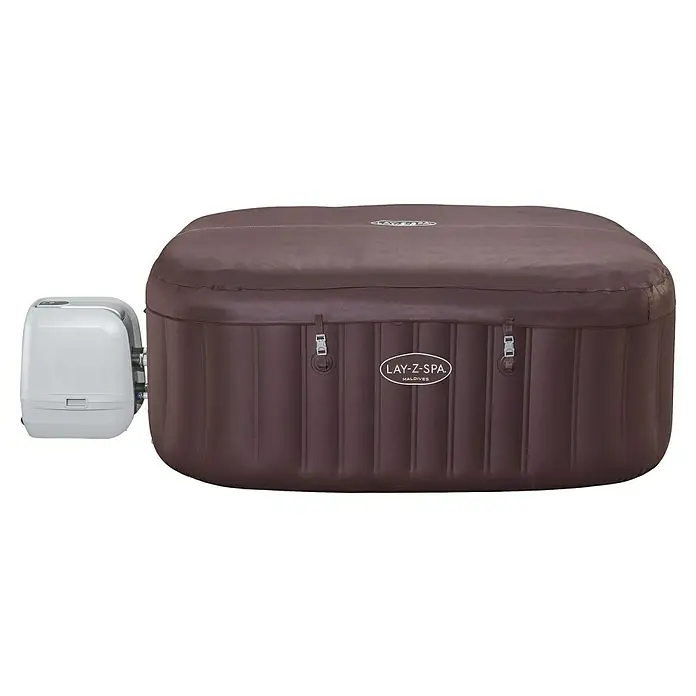 Bestway Lay-Z-Spa Mobil-Whirlpool Maldives HydroJet - L x B x H: 201 x 201 x 80 cm, Mahagoni, 1.050 l - Das Bild zeigt einen Lay-Z-Spa Whirlpool in Braun und eine dazugehörige weiße Pumpe. Der Whirlpool ist aufblasbar und bietet Entspannung.