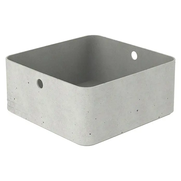 Curver Aufbewahrungsbox Beton L - L x B x H: 28 x 28 x 13 cm, Material: Kunststoff, Beton - Ein grauer quadratischer Pflanzkasten aus Beton mit runden Löchern. Vielseitig für Haus und Garten, stilvoll und robust.