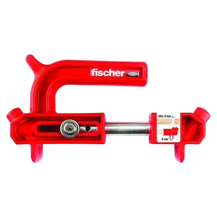 Fischer Befestigungselement Hiddenfast Guide 5,0 - Passend für: Materialien mit einer Dicke von 19 - 35 mm - Ein rotes Fischer Werkzeug zum präzisen Abmessen von Bohrlöchern, ideal für Handwerker und Heimwerker, die Wert auf Genauigkeit legen.