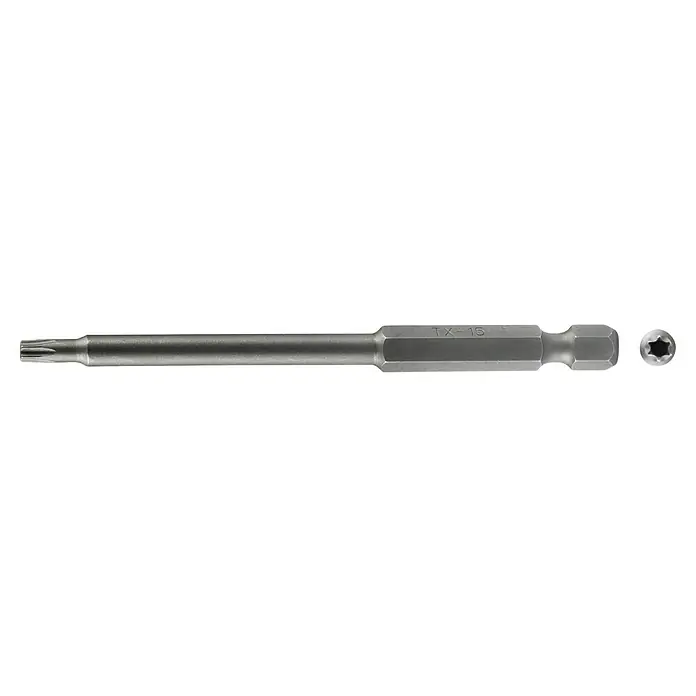 Fischer Bit HiddenFast TX15 - Länge: 90 mm, 2 Stk. - Abbildung eines Torx-Schraubendrehereinsatzes TX-15 aus Chrom-Vanadium-Stahl, ideal für präzise Schraubarbeiten.