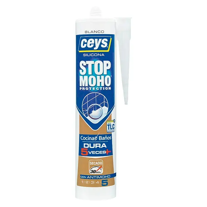 Ceys Silicona para sanitarios y cocinas Stop moho - Blanco, 280 ml - Cartucho blanco de silicona Ceys Stop Moho, ideal para cocinas y baños, proporciona protección contra el moho de larga duración y secado rápido.