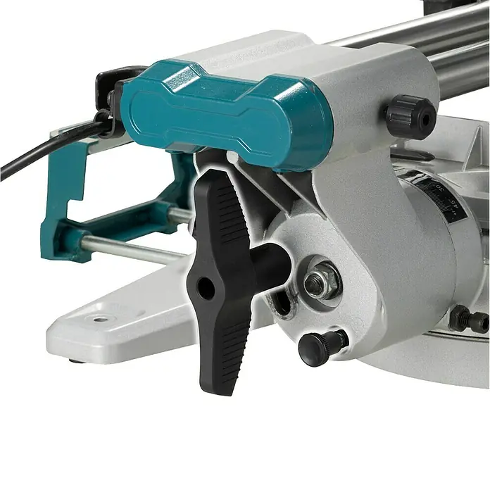 Makita Kapp- & Gehrungssäge LS0816F - 1.200 W, Durchmesser Sägeblatt: 216 mm, Leerlaufdrehzahl: 5.000 U/min - Detailaufnahme einer Makita-Kapp- und Gehrungssäge, die die hochwertigen Komponenten und die präzise Konstruktion hervorhebt.