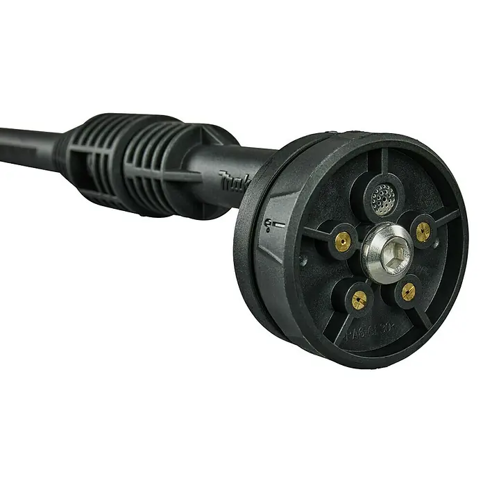 Makita LXT 18V Akku-Druckreiniger DHW180Z - 18 V, Ohne Akku, Max. Druck: 24 bar - Nahaufnahme einer Makita Düse für Hochdruckreiniger. Das Zubehörteil ist schwarz und hat mehrere Sprühmodi für verschiedene Reinigungsaufgaben.