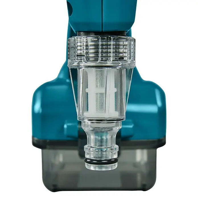 Makita LXT 18V Akku-Druckreiniger DHW180Z - 18 V, Ohne Akku, Max. Druck: 24 bar - Nahaufnahme eines Wasserfilteraufsatzes mit klarem Gehäuse und integriertem Filter, der an ein blaues Gerät angeschlossen ist.