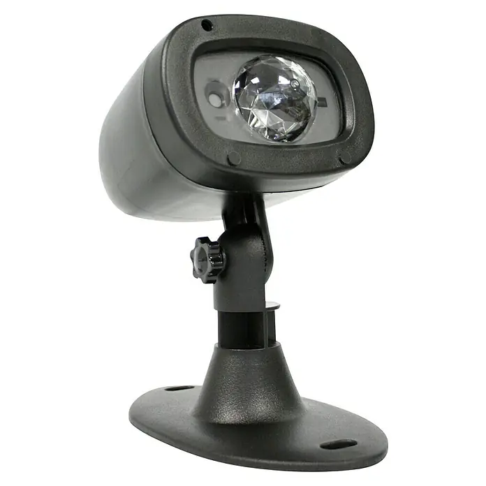 LED-Dekoleuchte - Schwarz, Lichtfarbe: Mehrfarbig, IP44 - Nahaufnahme eines schwarzen LED-Projektors mit einer Kristallkugel, der auf einem Sockel montiert ist. Ideal für atmosphärische Lichteffekte.