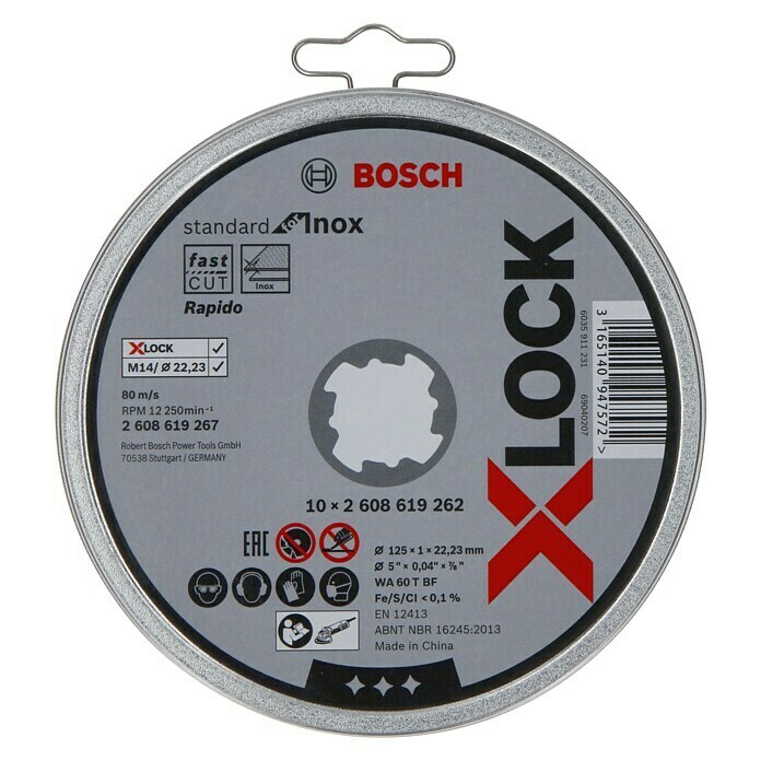 Bosch Professional X-Lock Trennscheibe Standard for Inox125 mm, Stärke Scheibe: 1 mm, 10 Stk., Geeignet für: Metall Front View