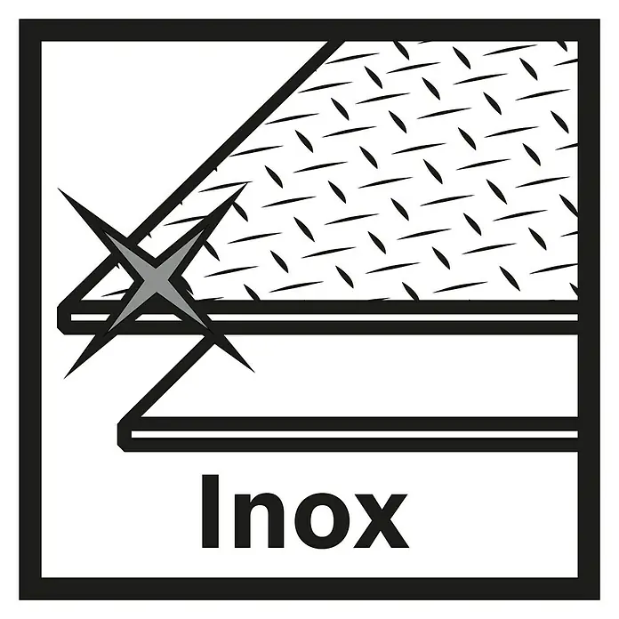 Bosch Professional X-Lock Trennscheibe Standard for Inox - Geeignet für: Metall, Durchmesser Scheibe: 125 mm, 10 Stk. - Symbol für Inox-Material mit strukturierter Oberfläche, Kratzschutz und dem Schriftzug "Inox" in schwarzer Schrift.