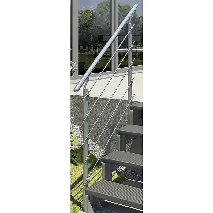 Dolle Treppengeländer Gardentop Set 5 - Passend für: Dolle Außentreppe Gardentop, vier Stufen - Eine Nahaufnahme eines Treppengeländers aus Edelstahl mit mehreren horizontalen Streben, das moderne Design und Sicherheit bietet.