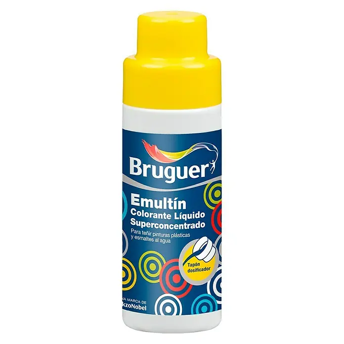 Bruguer Colorante Emultín - Verde cactus, 50 ml - Colorante Líquido Superconcentrado Bruguer Emultín en botella blanca con tapa amarilla, ideal para teñir pinturas plásticas y esmaltes al agua.