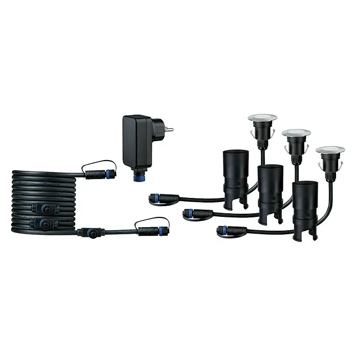 Paulmann Plug & Shine Basis-Set LED-Bodeneinbauleuchte Floor Mini - 2,5 W, 24 V, IP65, Höhe: 90 mm, 3.000 K, 3 Stk. - Das Bild zeigt ein Set aus LED-Bodeneinbaustrahlern mit dazugehörigem Kabel, Verbinder und Netzteil auf schwarzem Hintergrund.
