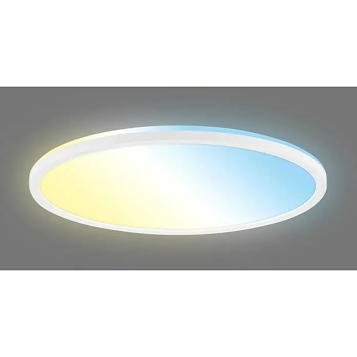 Brilo LED-Panel rund Tara Backlight - 22 W, Ø x H: 42 x 3 cm, Weiß, RGBW - Nahaufnahme einer modernen runden LED-Deckenleuchte mit weißem Rahmen, die gelbes und blaues Licht ausstrahlt, für eine stilvolle Beleuchtung.