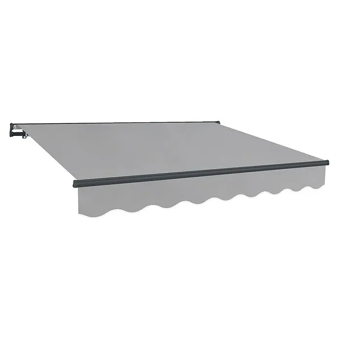 SmartSun Toldo de brazos extensibles Dark Easy Lite - Gris piedra, Ancho: 3 m, Caída: 2 m - Imagen de un toldo retráctil en gris. El toldo está diseñado para dar sombra y protección y presenta un borde festoneado.