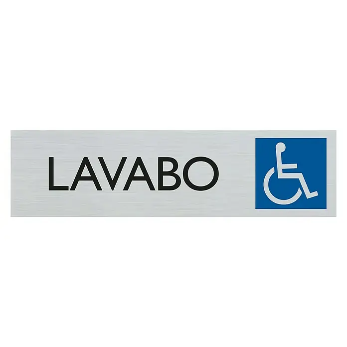 Pickup Rótulo - Plateado, Motivo: Lavabo para minusválidos - La imagen muestra un letrero con la inscripción "LAVABO" junto con un símbolo azul de accesibilidad sobre un fondo negro.
