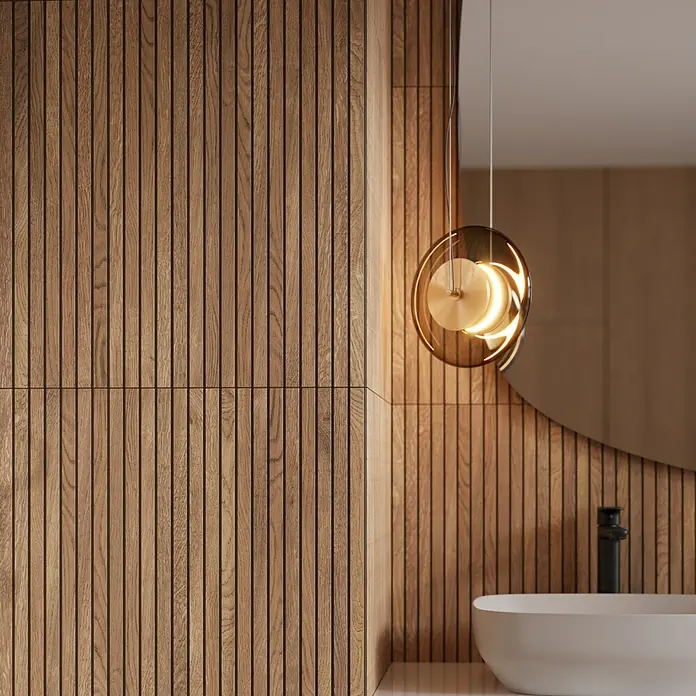 Wandfliese Boseli Wood - 29,8 x 59,8 cm, Braun, Matt - Das moderne Badezimmerdesign präsentiert eine hängende Lampe mit einzigartigem Design, die das elegante Waschbecken beleuchtet.