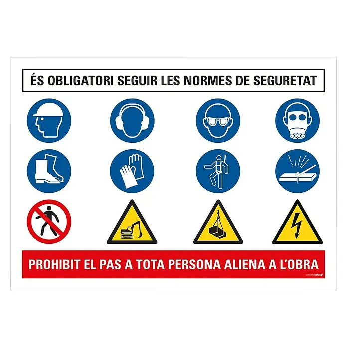 Pickup Rótulo 50 x 70 cm catalán - Motivo: Zona de obras - Señal de normas de seguridad con avisos y obligaciones en la obra, incluyendo protección para la cabeza, oídos y prohibición de acceso a personal ajeno.