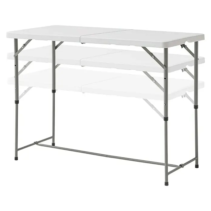 Mesa de jardín Alan - L x An x Al: 122 x 61 x 74 cm, HDPE/Acero, Blanco roto - Mesa plegable blanca con patas ajustables y estructura metálica gris resistente para un uso flexible.