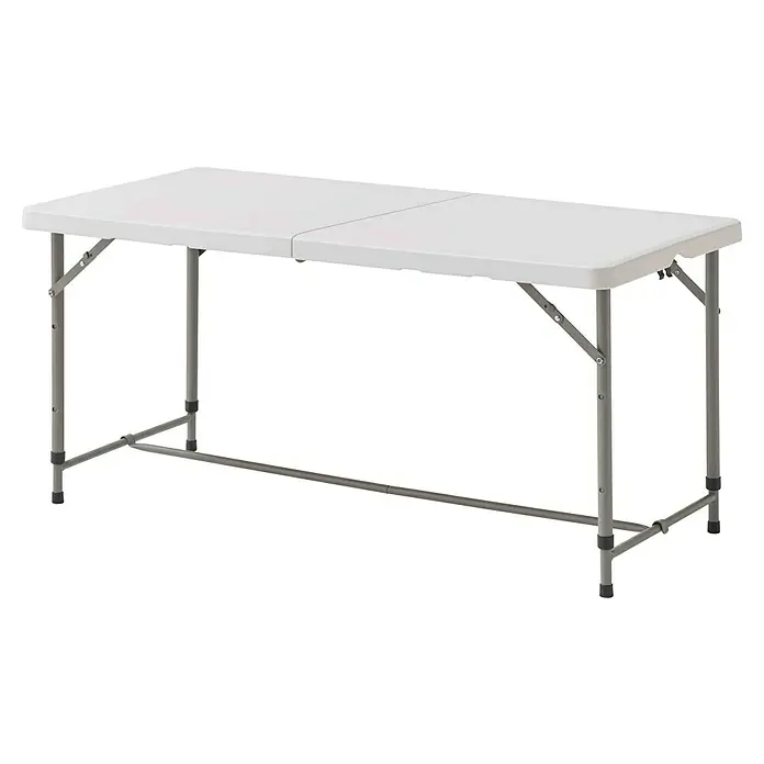 Mesa de jardín Alan - L x An x Al: 122 x 61 x 74 cm, HDPE/Acero, Blanco roto - Mesa plegable blanca con estructura metálica gris. Práctica y estable para usos versátiles.