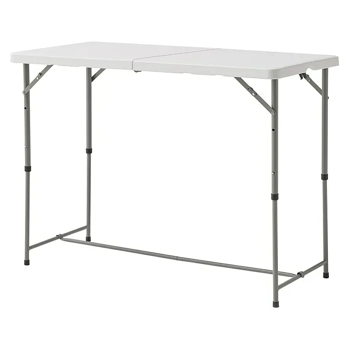 Mesa de jardín Alan - L x An x Al: 122 x 61 x 74 cm, HDPE/Acero, Blanco roto - Una mesa de camping plegable y ajustable en altura, blanca con estructura gris, diseñada para un fácil transporte e instalación al aire libre.