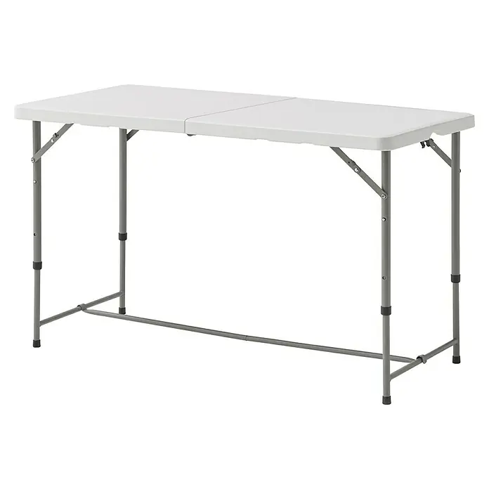 Mesa de jardín Alan - L x An x Al: 122 x 61 x 74 cm, HDPE/Acero, Blanco roto - Mesa alta plegable con una robusta superficie blanca y estructura de metal gris ajustable, ideal para fiestas y eventos.