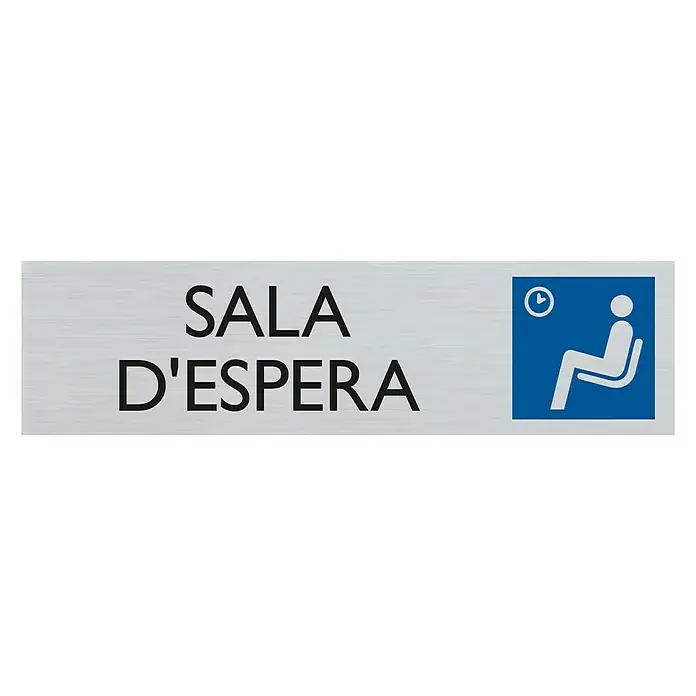 Pickup Rótulo catalán - Plateado, Motivo: Sala de espera, 16,5 x 4,4 cm - El letrero "Sala de espera" en plata cepillada presenta texto y un símbolo azul que representa a un visitante sentado.